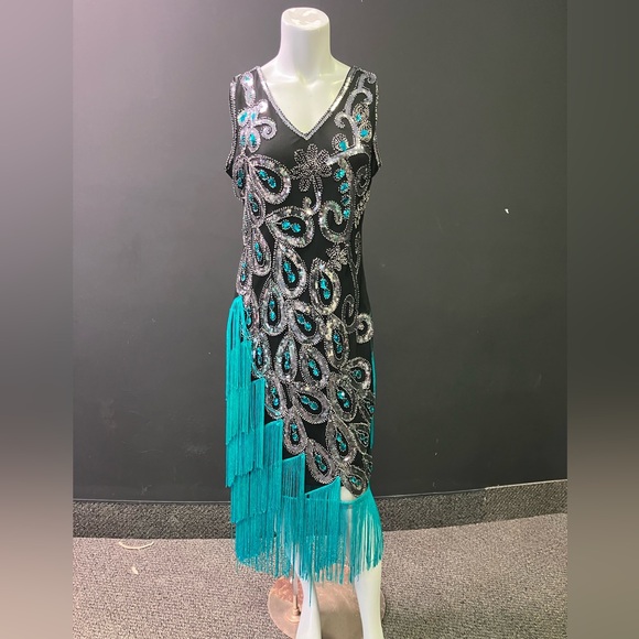 BabeYond black green and Silver peacock embroidered fringe flapper dress XL - Picture 2 of 15